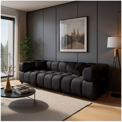 Canapé 4 places capitonné en velours noir 288 cm - TONDO Canapé 4 places capitonné en velours noir 288 cm - TONDO