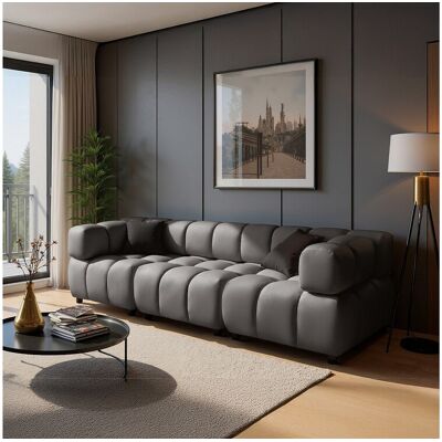 Canapé 4 places capitonné en velours gris 288 cm - TONDO Canapé 4 places capitonné en velours gris 288 cm - TONDO