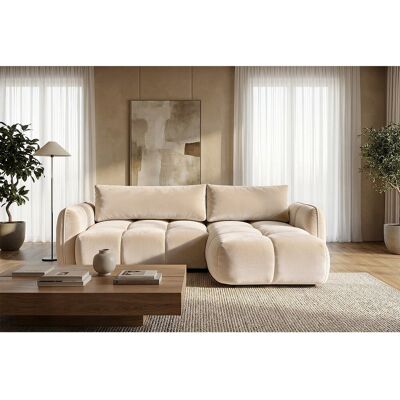 Canapé d'angle droit convertible avec coffre en velours beige 250 cm - BELVEO Canapé d'angle droit convertible avec coffre en velours beige 250 cm - BELVEO
