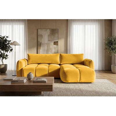 Canapé d'angle droit convertible avec coffre en velours jaune 250 cm - BELVEO Canapé d'angle droit convertible avec coffre en velours jaune 250 cm - BELVEO