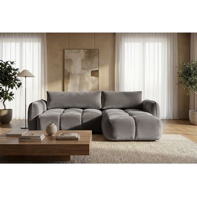 Canapé d'angle droit convertible avec coffre en velours gris 250 cm - BELVEO Canapé d'angle droit convertible avec coffre en velours gris 250 cm - BELVEO