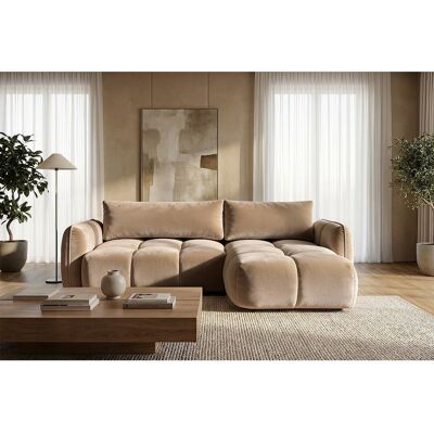 Canapé d'angle droit convertible avec coffre en velours taupe 250 cm - BELVEO Canapé d'angle droit convertible avec coffre en velours taupe 250 cm - BELVEO