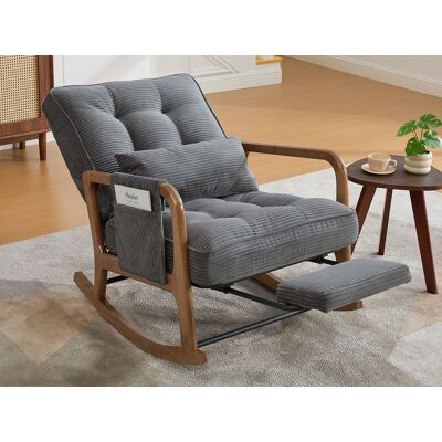 Fauteuil à bascule en bois avec repose-pieds, dossier réglable sur 3 positions, revêtement en velours côtelé et coussin lombaire Fauteuil à bascule en bois avec repose-pieds, dossier réglable sur 3 positions, revêtement en velours côtelé et coussin lombaire
