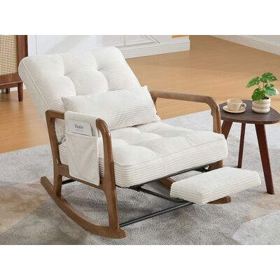 Fauteuil à bascule en bois avec repose pieds dossier 3 positions velours côtelé et coussin lombaire Fauteuil à bascule en bois avec repose pieds dossier 3 positions velours côtelé et coussin lombaire