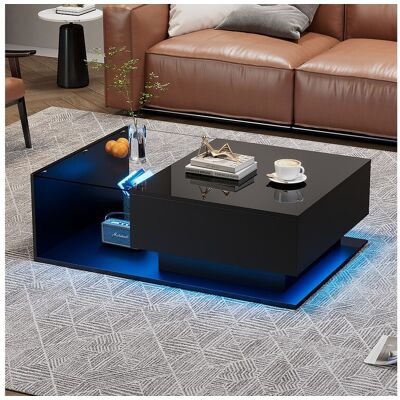 Merax Table basse avec grand tiroir - 100x50x32 cm - LEDs - plateau en verre - Panneaux de particules - Noir brillant Merax Table basse avec grand tiroir - 100x50x32 cm - LEDs - plateau en verre - Panneaux de particules - Noir brillant