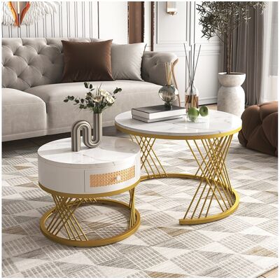 Merax Lot de 2 tables basses gigognes avec tiroir - bois MDF et métal - plateau en motif marbre - blanc Merax Lot de 2 tables basses gigognes avec tiroir - bois MDF et métal - plateau en motif marbre - blanc