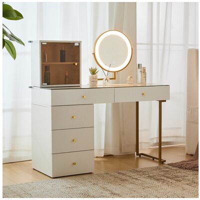 Merax Coiffeuse avec miroir, 5 tiroirs et une porte en verre - 120 x 45 x 115 cm - Panneau de particules - LEDs - Blanc (sans tabouret) Merax Coiffeuse avec miroir, 5 tiroirs et une porte en verre - 120 x 45 x 115 cm - Panneau de particules - LEDs - Blanc (sans tabouret)