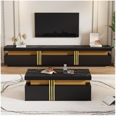 Merax Ensemble meuble TV + table basse - 100 x 50 x 40 cm + 200 x 40 x 42 cm - Panneau de particules - Aspect marbre - Noir Merax Ensemble meuble TV + table basse - 100 x 50 x 40 cm + 200 x 40 x 42 cm - Panneau de particules - Aspect marbre - Noir