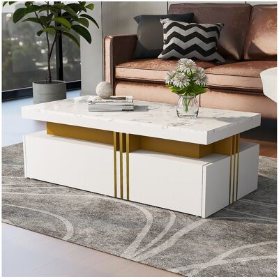 Merax Table basse rectangulaire avec 2 tiroirs - 100x50x40 cm - panneaux de particules - plateau marbré, pour salon - blanc Merax Table basse rectangulaire avec 2 tiroirs - 100x50x40 cm - panneaux de particules - plateau marbré, pour salon - blanc