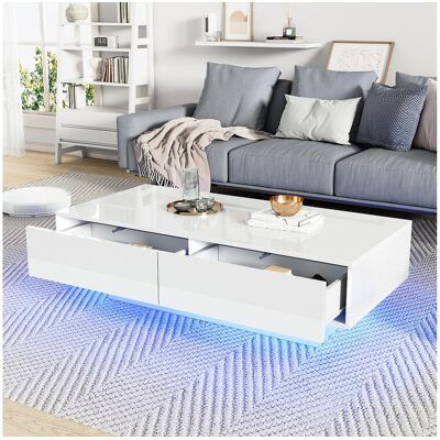 Merax Table basse moderne brillante avec 2 tiroirs - 115 x 55 x 34 cm - LEDs - Panneaux de particules - Noir Merax Table basse moderne brillante avec 2 tiroirs - 115 x 55 x 34 cm - LEDs - Panneaux de particules - Noir