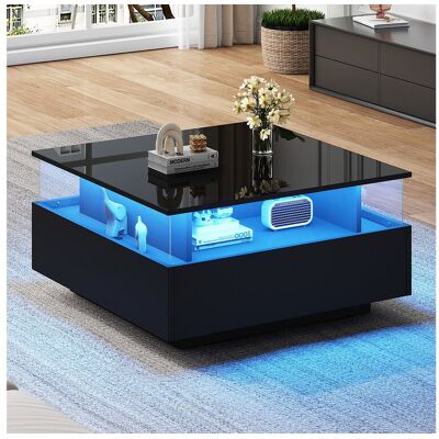 Merax Table basse moderne avec 2 tiroirs et espace transparent - 70 x 70 x 41 cm - LEDs - Panneaux de particules - Noir brillant Merax Table basse moderne avec 2 tiroirs et espace transparent - 70 x 70 x 41 cm - LEDs - Panneaux de particules - Noir brillant