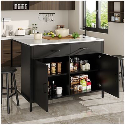 Merax Îlot de cuisine - 100 x 90 x 90 cm - table de bar - avec 2 portes + 2 tiroirs + pieds réglables - MDF - noir Merax Îlot de cuisine - 100 x 90 x 90 cm - table de bar - avec 2 portes + 2 tiroirs + pieds réglables - MDF - noir