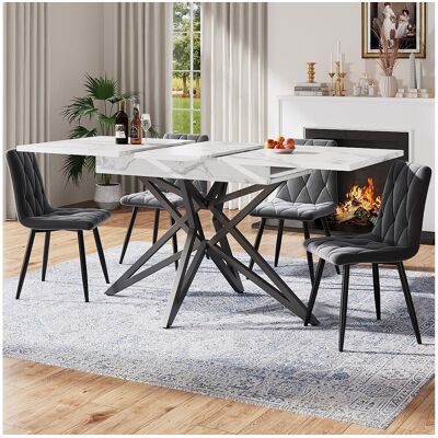 Merax Ensemble de table à manger extensible 120/160 x 68 cm avec 4 chaises - chaises en velours - - MDF + Métal - blanc Merax Ensemble de table à manger extensible 120/160 x 68 cm avec 4 chaises - chaises en velours - - MDF + Métal - blanc