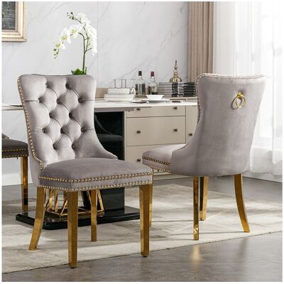 OKWISH Lot de 2 chaises de salle à manger en velours gris avec dossier rembourré et pieds en métal doré OKWISH Lot de 2 chaises de salle à manger en velours gris avec dossier rembourré et pieds en métal doré