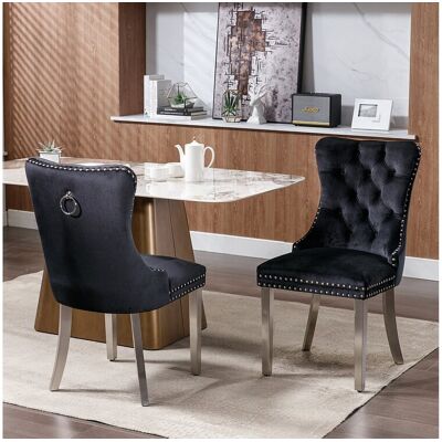 OKWISH Lot de 2 chaises de salle à manger en velours noir avec dossier rembourré et pieds en métal argenté OKWISH Lot de 2 chaises de salle à manger en velours noir avec dossier rembourré et pieds en métal argenté