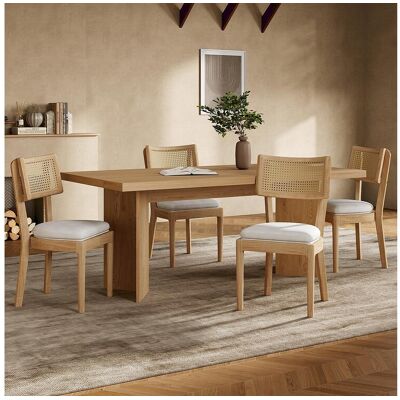 Merax Lot de 4 chaises de salle à manger en bois massif avec dossiers en rotin - coussin en velours - 50 x 58 x 88 cm - naturel Merax Lot de 4 chaises de salle à manger en bois massif avec dossiers en rotin - coussin en velours - 50 x 58 x 88 cm - naturel