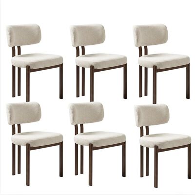 Lot de 6 chaises de salle à manger Hira - Tissu Bouclette Blanc Cassé / Pieds Noyer Lot de 6 chaises de salle à manger Hira - Tissu Bouclette Blanc Cassé / Pieds Noyer