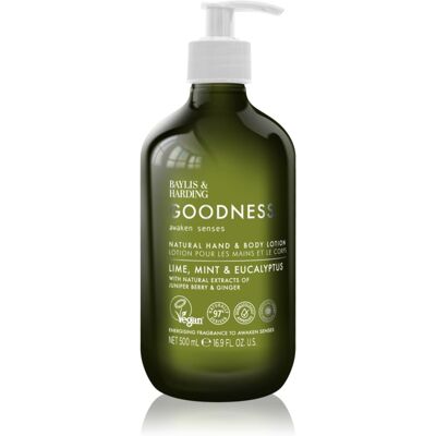 Baylis & Harding Goodness Awaken Senses lait mains et corps avec effet rafraîchissant parfums Lime, Mint & Eucalyptus 500 ml Baylis & Harding Goodness Awaken Senses lait mains et corps avec effet rafraîchissant parfums Lime, Mint & Eucalyptus 500 ml