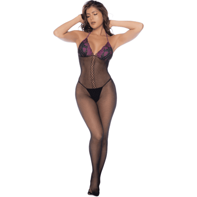 Mapalé Combinaison en résille et dentelle noire et violette Mapalé Combinaison en résille et dentelle noire et violette