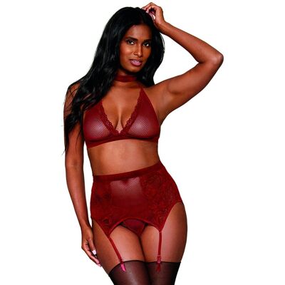 Dreamgirl Ensemble 4 pièces soutien gorge, tour de cou, string et porte jarretelles rouge Dreamgirl Ensemble 4 pièces soutien gorge, tour de cou, string et porte jarretelles rouge