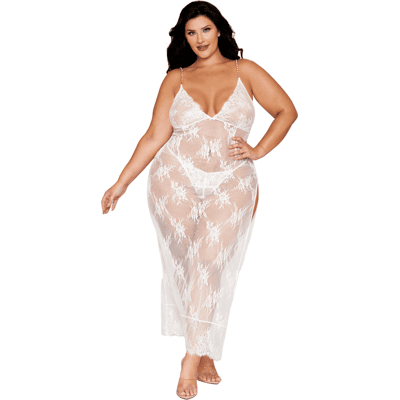 Dreamgirl Nuisette longue blanche grande taille en dentelle florale, string assorti Dreamgirl Nuisette longue blanche grande taille en dentelle florale, string assorti