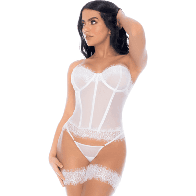 Mapalé Ensemble 4 pièces blanc, bustier, string et 2 jarretières Mapalé Ensemble 4 pièces blanc, bustier, string et 2 jarretières