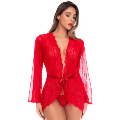 Mapalé Peignoir transparent rouge en résille plumetis et dentelle avec string Mapalé Peignoir transparent rouge en résille plumetis et dentelle avec string