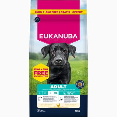 15kg Adult Large et Giant Breed au poulet Premium Nutrition Eukanuba Croquettes pour chien + 3kg offertes ! 15kg Adult Large et Giant Breed au poulet Premium Nutrition Eukanuba Croquettes pour chien + 3kg offertes !