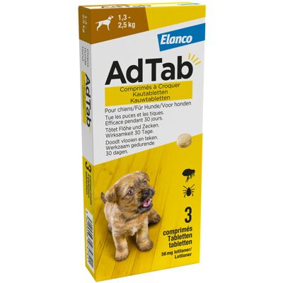 Elanco Adtab 56 mg comprimés à mâcher pour chiens - 1,3-2,5 kg Elanco Adtab 56 mg comprimés à mâcher pour chiens - 1,3-2,5 kg