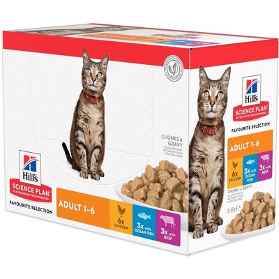 Hill's Science Plan Nourriture Humide pour Chats Adultes au Poulet, Poisson et Bœuf 12x85g Multipack Hill's Science Plan Nourriture Humide pour Chats Adultes au Poulet, Poisson et Bœuf 12x85g Multipack