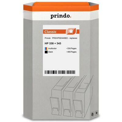 Prindo, Cartouche d'impression, compatible avec HP 338+343 /plusieurs couleurs Prindo, Cartouche d'impression, compatible avec HP 338+343 /plusieurs couleurs