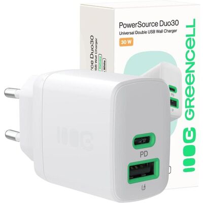 GREEN CELL GC CHARB-30AC-W - Chargeur - 30 W, 1x USB-C, 1x USB-A - Blanc GREEN CELL GC CHARB-30AC-W - Chargeur - 30 W, 1x USB-C, 1x USB-A - Blanc