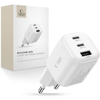 Tech-Protect NCA100W-GAN-AVS CHARGEUR RÉSEAU À 3 PORTS PD 3.2 100 W / QC3.0 BLANC (100 W, 3 ports), Chargeur USB, Blanc Tech-Protect NCA100W-GAN-AVS CHARGEUR RÉSEAU À 3 PORTS PD 3.2 100 W / QC3.0 BLANC (100 W, 3 ports), Chargeur USB, Blanc