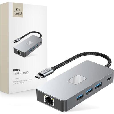 Tech-Protect HB05 (USB-C, 8 ports), Station d’accueil + hub USB, Gris Tech-Protect HB05 (USB-C, 8 ports), Station d’accueil + hub USB, Gris