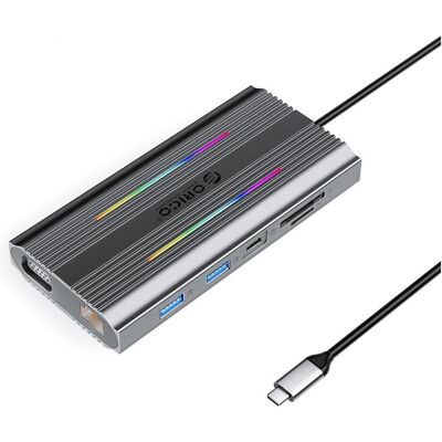 Orico USB-C 12w1 RGB 3 ports USB-A USB-C PD 100 W HDMI 4K VGA RJ45 - gris (USB-C, 12 ports), Station d’accueil + hub USB, Gris Orico USB-C 12w1 RGB 3 ports USB-A USB-C PD 100 W HDMI 4K VGA RJ45 - gris (USB-C, 12 ports), Station d’accueil + hub USB, Gris