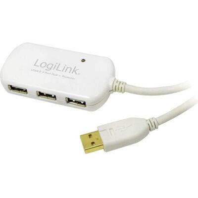 LogiLink Câble d'extension USB 2.0 Câble répéteur avec hub 4 ports (USB-A, 4 ports), Station d’accueil + hub USB, Blanc LogiLink Câble d'extension USB 2.0 Câble répéteur avec hub 4 ports (USB-A, 4 ports), Station d’accueil + hub USB, Blanc