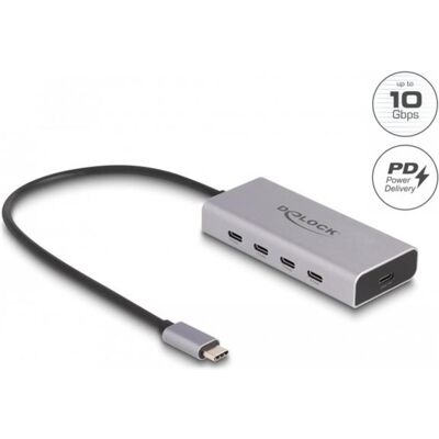 Delock Hub USB 10 Gbps USB Type-C™ avec 4 x USB Type-C™ femelle + 1 x USB Type-C™ PD 85 watts avec 30 cm (USB-C, 5 ports), Station d’accueil + hub USB, Gris Delock Hub USB 10 Gbps USB Type-C™ avec 4 x USB Type-C™ femelle + 1 x USB Type-C™ PD 85 watts avec 30 cm (USB-C, 5 ports), Station d’accueil + hub USB, Gris