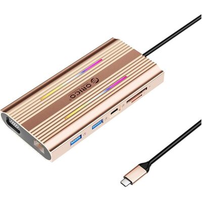 Orico Station d'accueil USB-C XDR 12-en-1 RGB avec ports USB-A et USB-C PD 100 W (USB-C, 12 ports), Station d’accueil + hub USB, Or, Rose Orico Station d'accueil USB-C XDR 12-en-1 RGB avec ports USB-A et USB-C PD 100 W (USB-C, 12 ports), Station d’accueil + hub USB, Or, Rose