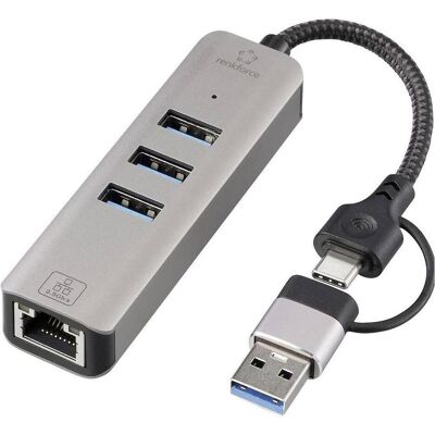 Renkforce RF-EAWH-300 USB-C (USB 3.2 Gen 1) Multiport Hub mit eingebautem Netz (USB-C, 3 ports), Station d’accueil + hub USB, Gris Renkforce RF-EAWH-300 USB-C (USB 3.2 Gen 1) Multiport Hub mit eingebautem Netz (USB-C, 3 ports), Station d’accueil + hub USB, Gris