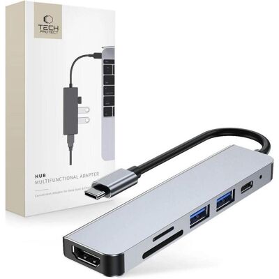 Tech-Protect V4 (USB-C, 6 ports), Station d’accueil + hub USB, Argent, Gris Tech-Protect V4 (USB-C, 6 ports), Station d’accueil + hub USB, Argent, Gris