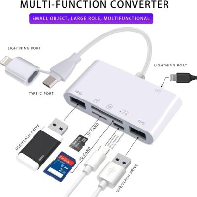 PowerGuard SixPack 6-in-1 USB-C & Lightning Photo Camera Cardreader USB 3.0 OTG Adapter (USB-C, 6 ports), Station d’accueil + hub USB, Blanc, Gris PowerGuard SixPack 6-in-1 USB-C & Lightning Photo Camera Cardreader USB 3.0 OTG Adapter (USB-C, 6 ports), Station d’accueil + hub USB, Blanc, Gris