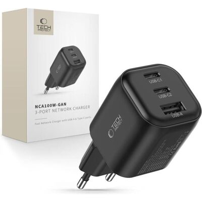 Tech-Protect NCA100W-GAN-AVS CHARGEUR RÉSEAU À 3 PORTS PD 3.2 100 W / QC3.0 NOIR (100 W, 3 ports), Chargeur USB, Noir Tech-Protect NCA100W-GAN-AVS CHARGEUR RÉSEAU À 3 PORTS PD 3.2 100 W / QC3.0 NOIR (100 W, 3 ports), Chargeur USB, Noir