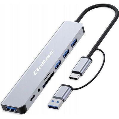 Qoltec Hub Adapter (USB-A, USB-C, 8 ports), Station d’accueil + hub USB, Noir Qoltec Hub Adapter (USB-A, USB-C, 8 ports), Station d’accueil + hub USB, Noir