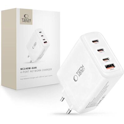 Tech-Protect NC140W-GAN 4-PORT NETZWERKLADEVORRICHT PD 140W / QC3.0 WEISS (140 W, 4 ports), Chargeur USB, Blanc Tech-Protect NC140W-GAN 4-PORT NETZWERKLADEVORRICHT PD 140W / QC3.0 WEISS (140 W, 4 ports), Chargeur USB, Blanc