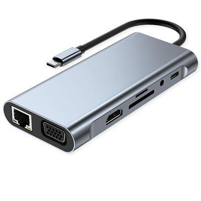 Value USB C Dockingstation 11-in-1, 4K30 1x(HDMI/VGA/GbE), USB(3xA,1xC,1xC PD) (USB-C, 11 ports), Station d’accueil + hub USB, Gris Value USB C Dockingstation 11-in-1, 4K30 1x(HDMI/VGA/GbE), USB(3xA,1xC,1xC PD) (USB-C, 11 ports), Station d’accueil + hub USB, Gris