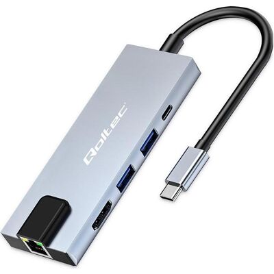 Qoltec USB-C Hub 5in1 mit USB-C PD 100W, 2xUSB, HDMI 4K, RJ45 (USB-C, 5 ports), Station d’accueil + hub USB, Noir Qoltec USB-C Hub 5in1 mit USB-C PD 100W, 2xUSB, HDMI 4K, RJ45 (USB-C, 5 ports), Station d’accueil + hub USB, Noir