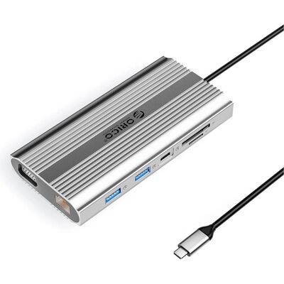 Orico USB-C 12 W 1 USB-A USB-C PD 100 W HDMI 4K VGA RJ45 Gigabit - argenté (USB-C, 12 ports), Station d’accueil + hub USB, Argent Orico USB-C 12 W 1 USB-A USB-C PD 100 W HDMI 4K VGA RJ45 Gigabit - argenté (USB-C, 12 ports), Station d’accueil + hub USB, Argent