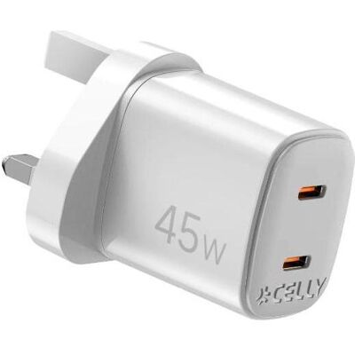 Celly Chargeur 45W avec 2 USB-C GaN (45 W, 2 ports), Chargeur USB, Blanc Celly Chargeur 45W avec 2 USB-C GaN (45 W, 2 ports), Chargeur USB, Blanc