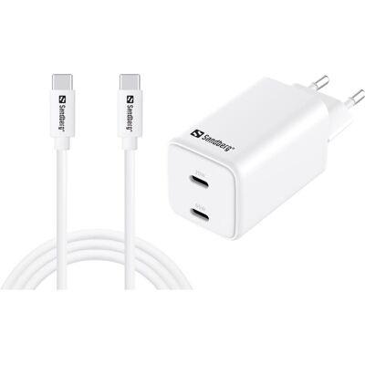Sandberg AC Charger USB-C PD65W EU 1.5M (65 W, 2 ports), Chargeur USB, Blanc Sandberg AC Charger USB-C PD65W EU 1.5M (65 W, 2 ports), Chargeur USB, Blanc