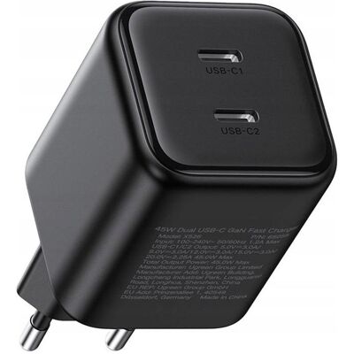 Ugreen - Wall Charger X526 (65058) - 2x USB-C, GaN, Fast Charger, 45W - Black (45 W, 2 ports), Chargeur USB, Noir Ugreen - Wall Charger X526 (65058) - 2x USB-C, GaN, Fast Charger, 45W - Black (45 W, 2 ports), Chargeur USB, Noir